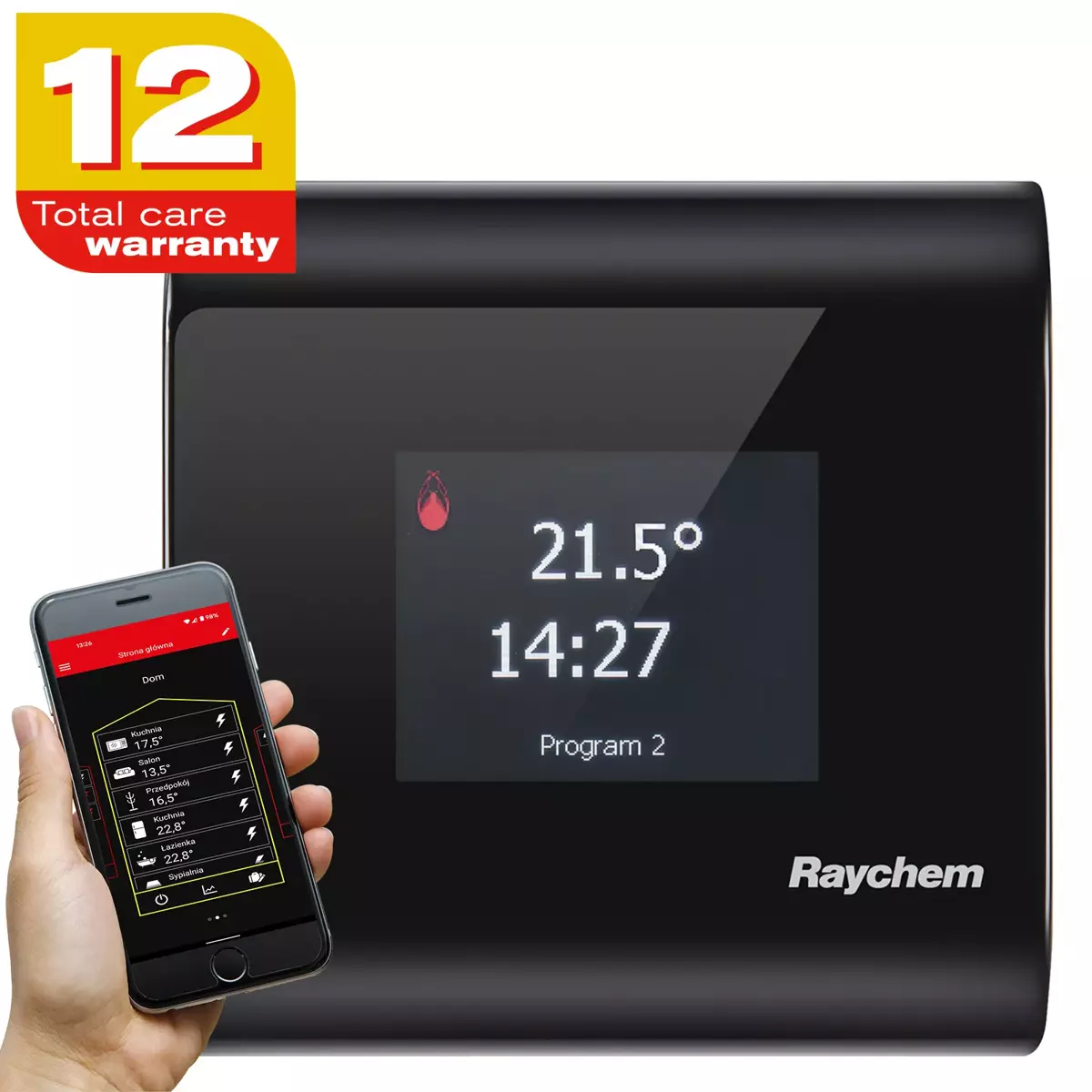 Programmable thermostat with touch screen, controllable via smartphone app - RAYCHEM SENZ WIFI